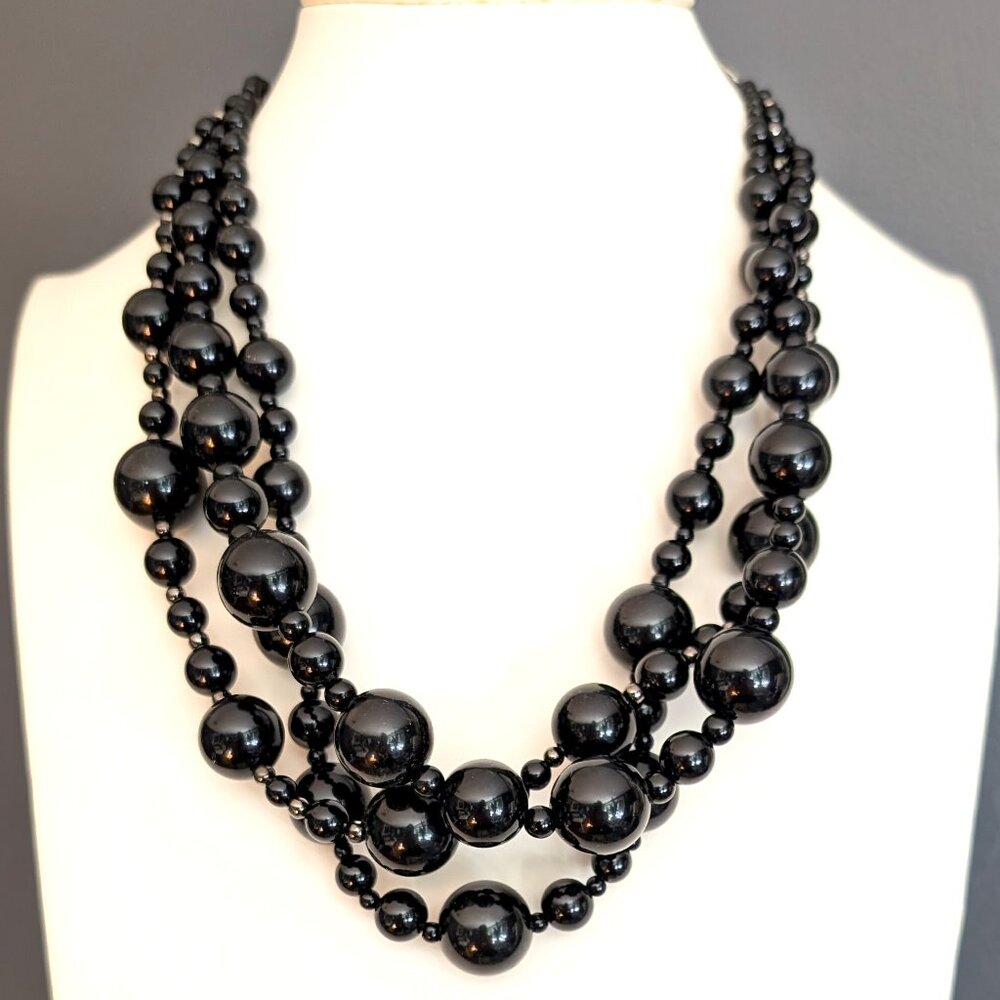 Talbots chunky glossy black and hematite beaded layered necklace